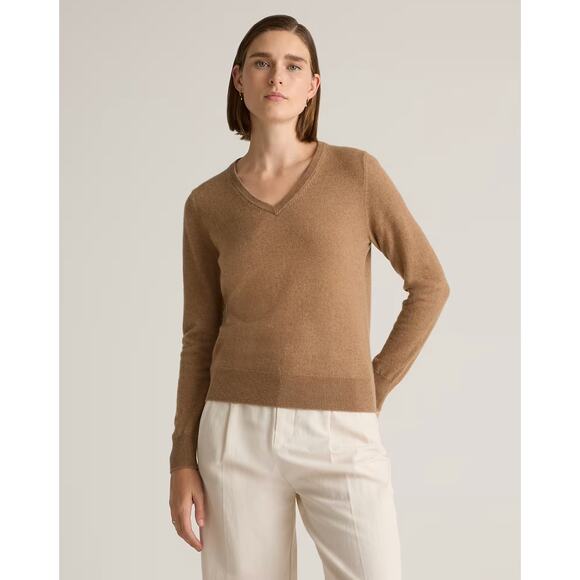 Quince Camel Teak Mongolian Cashmere V-Neck Sweater, Small - Picture 1 of 5